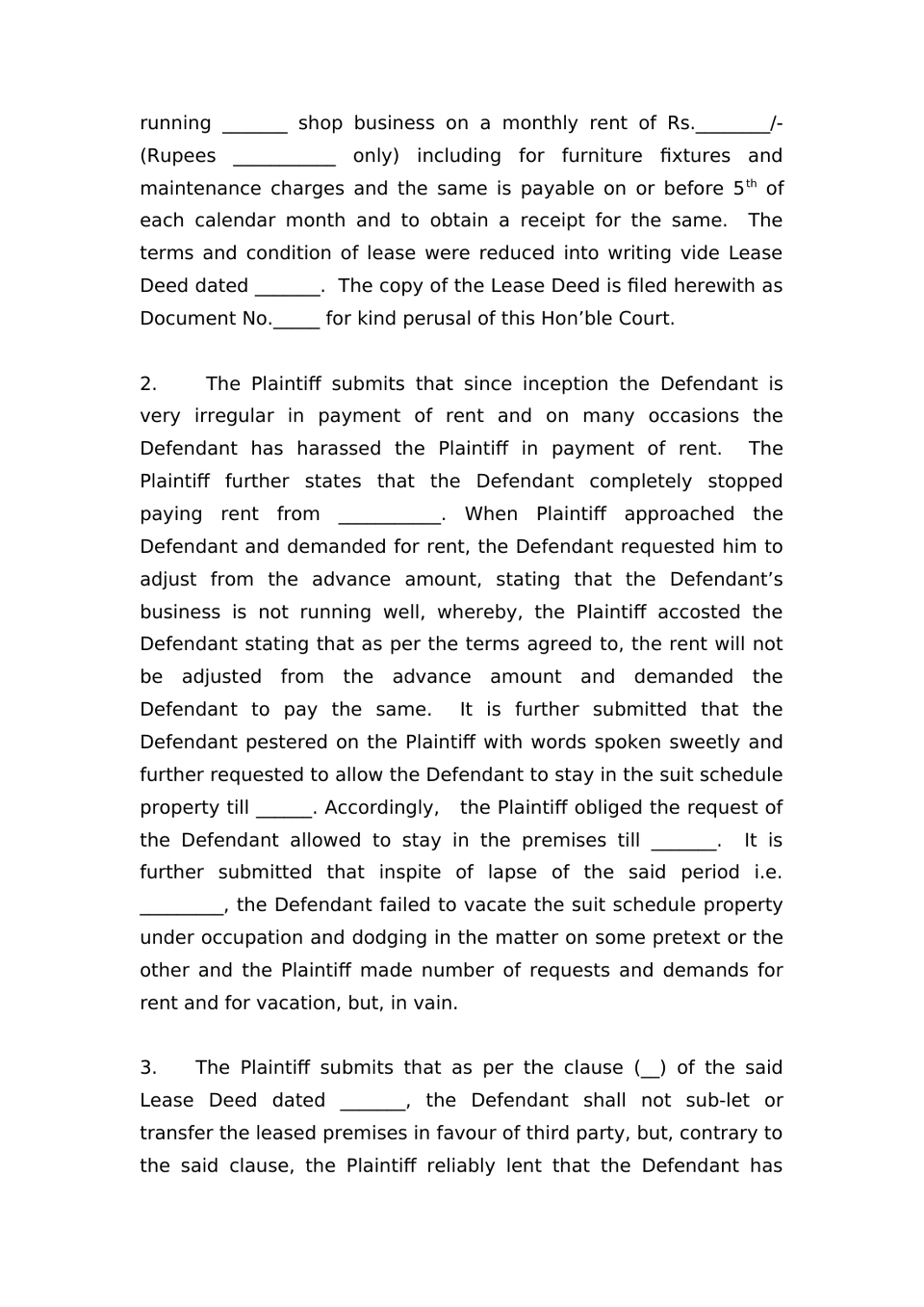 Plaint For Eviction Order Vii Rule 1 And 2 Rw Sec 26 Cpc preview page 2