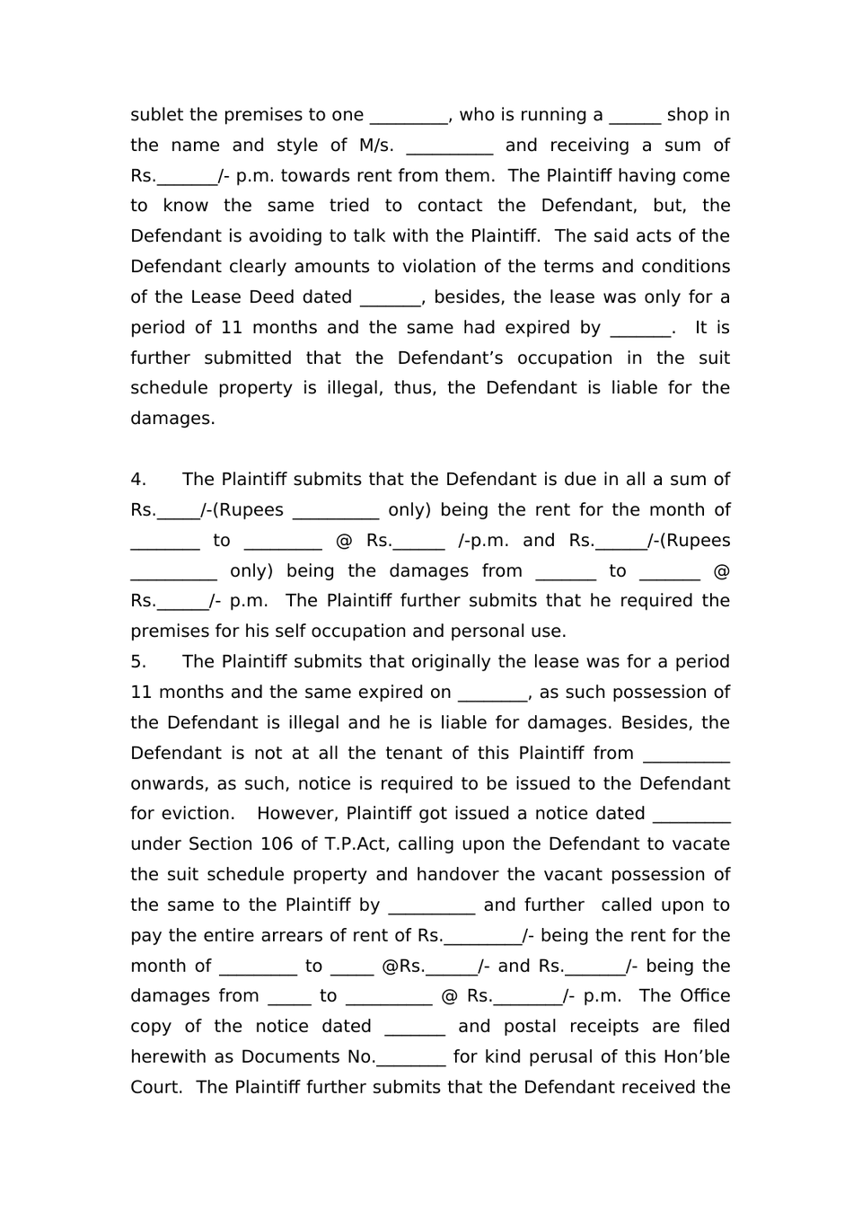 Plaint For Eviction Order Vii Rule 1 And 2 Rw Sec 26 Cpc preview page 3