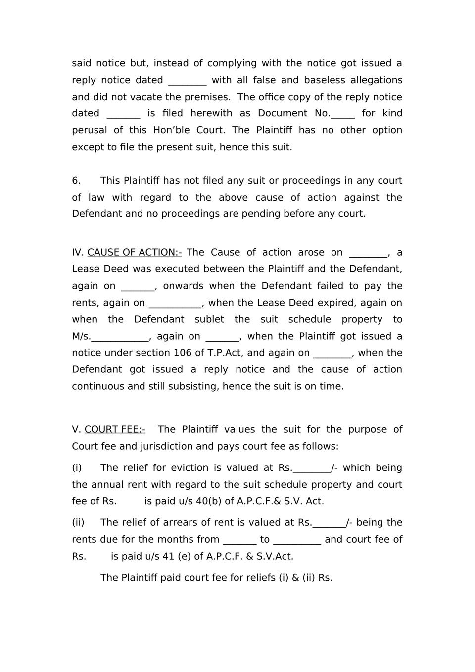 Plaint For Eviction Order Vii Rule 1 And 2 Rw Sec 26 Cpc preview page 4