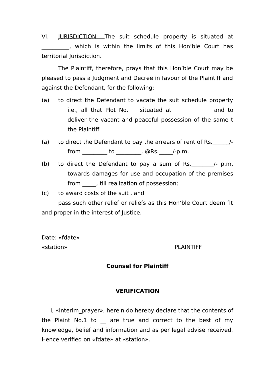 Plaint For Eviction Order Vii Rule 1 And 2 Rw Sec 26 Cpc preview page 5