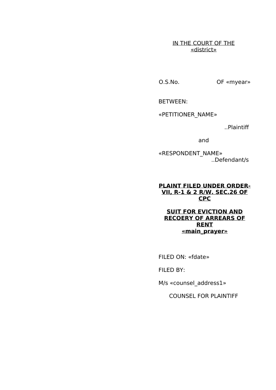 Plaint For Eviction Order Vii Rule 1 And 2 Rw Sec 26 Cpc preview page 9