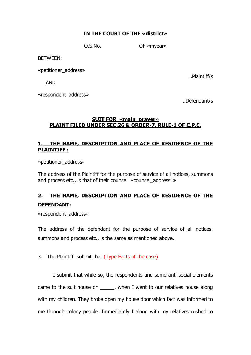 Plaint For Injunction Sec 26 Order Vii Rule 1 Cpc preview