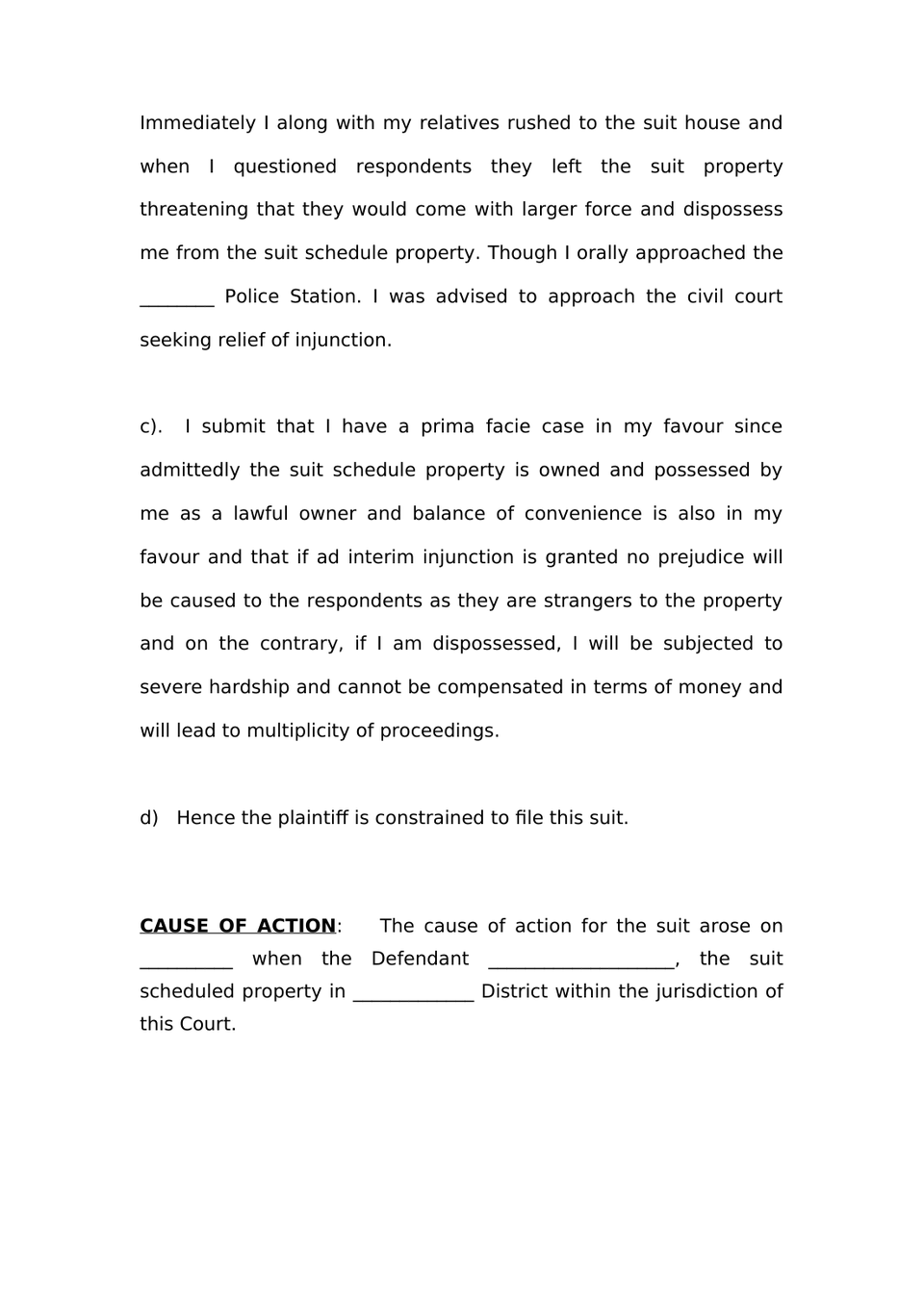 Plaint For Injunction Sec 26 Order Vii Rule 1 Cpc preview page 2
