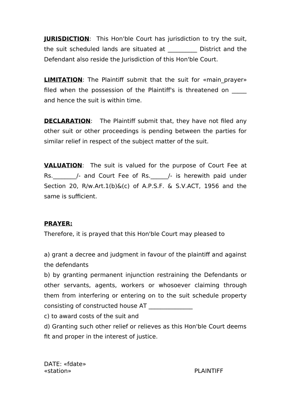 Plaint For Injunction Sec 26 Order Vii Rule 1 Cpc preview page 3