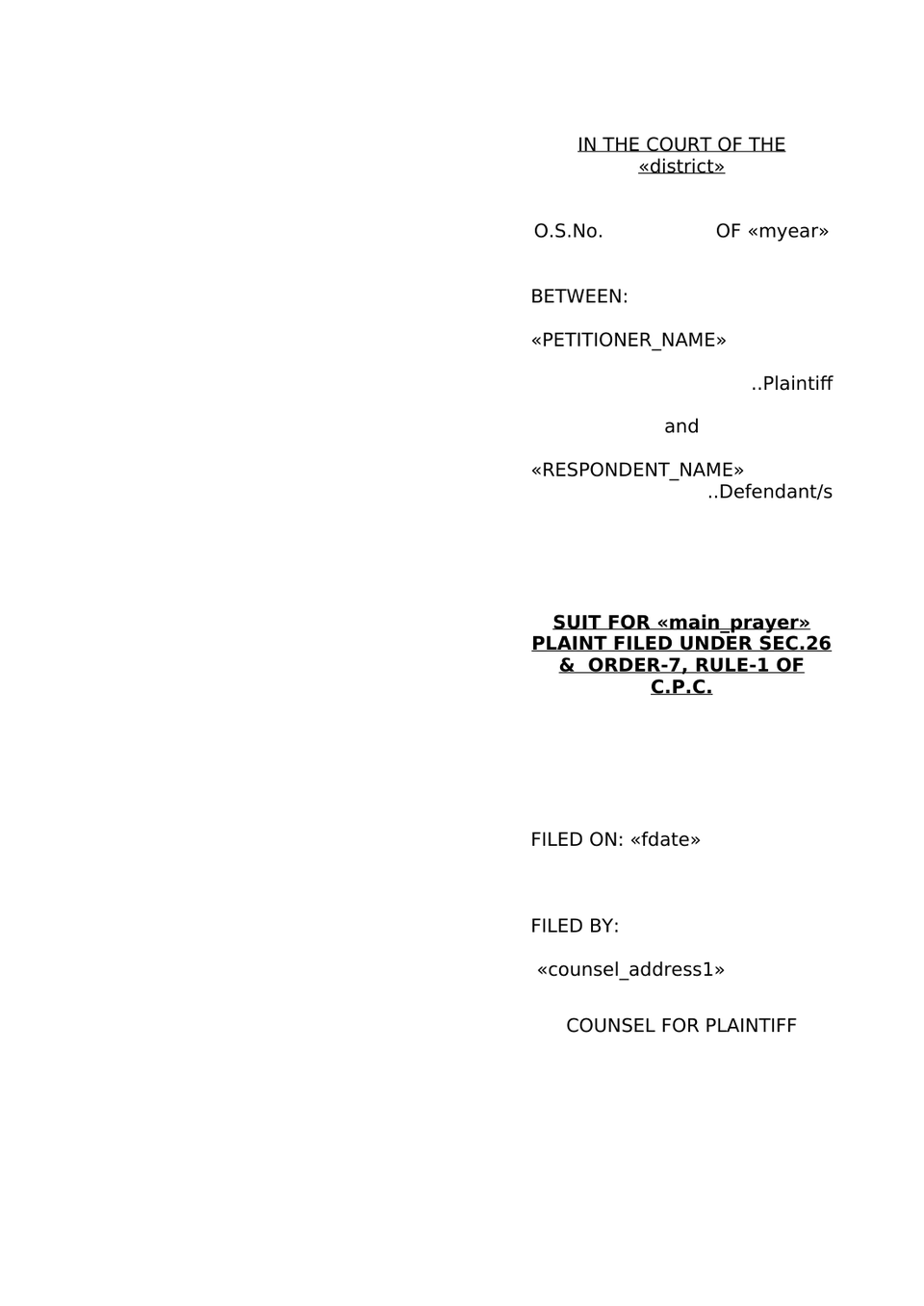 Plaint For Injunction Sec 26 Order Vii Rule 1 Cpc preview page 8