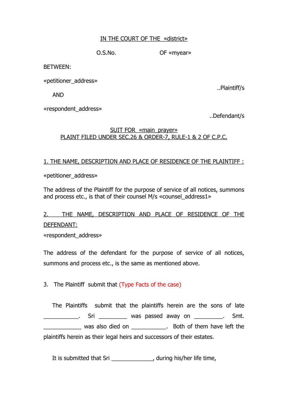 Plaint Liquidated Demand Sec 26 Order Vii Rule 1 And 2 Cpc preview