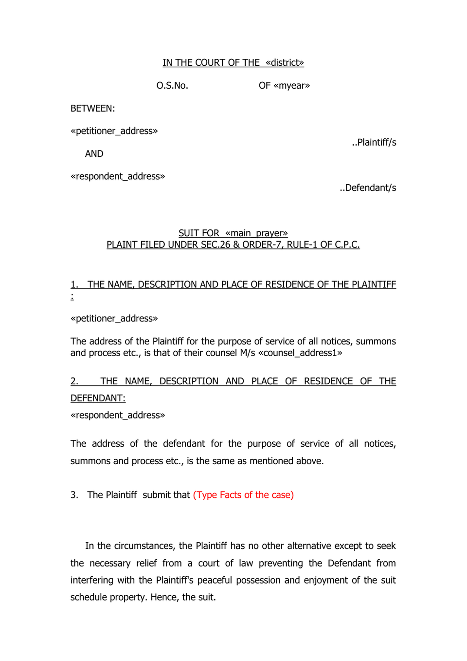 Plaint Under Sec 26 Order Vii Rule 1 Cpc preview