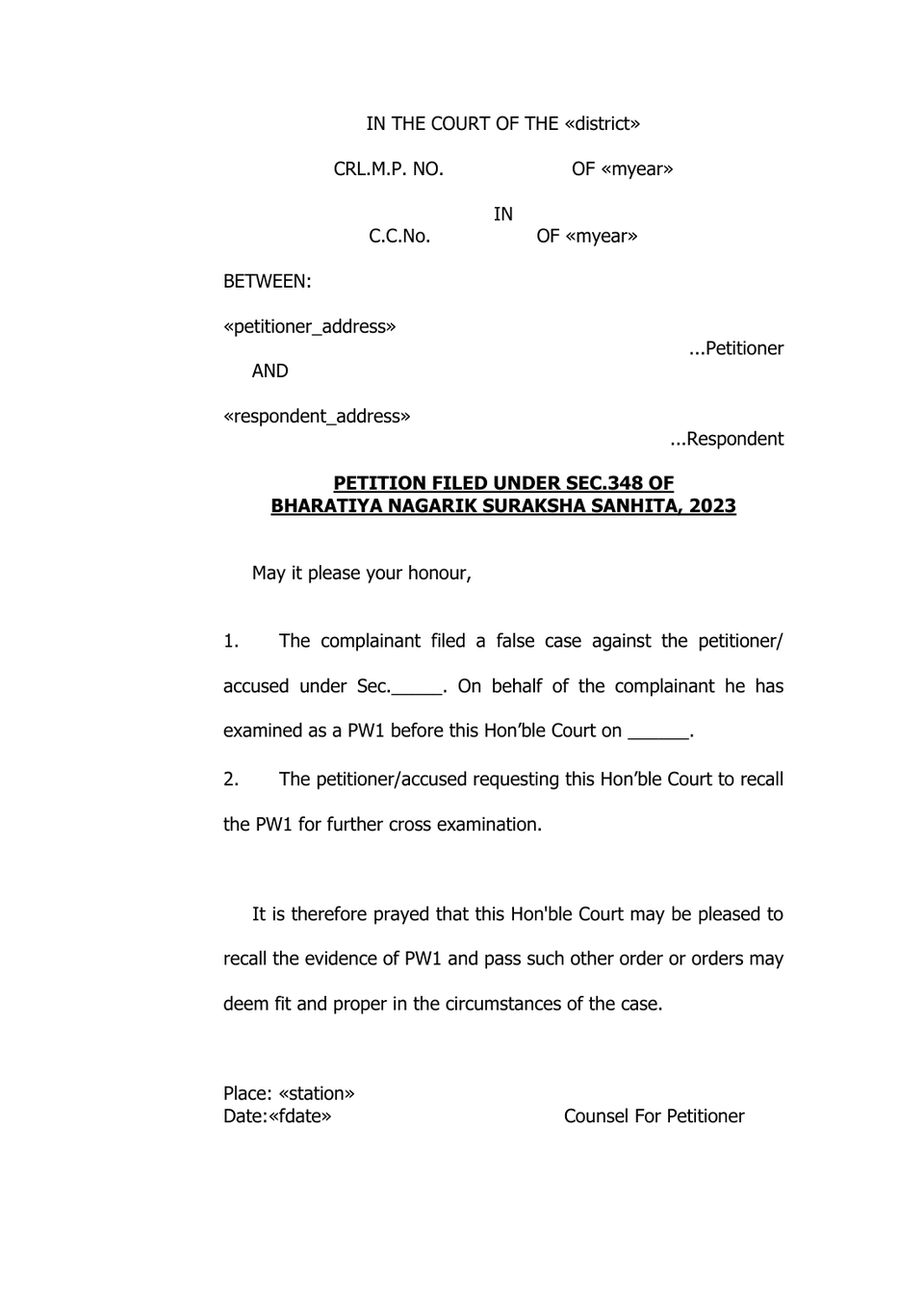 Recall Petition Under Sec 348 Bnss preview
