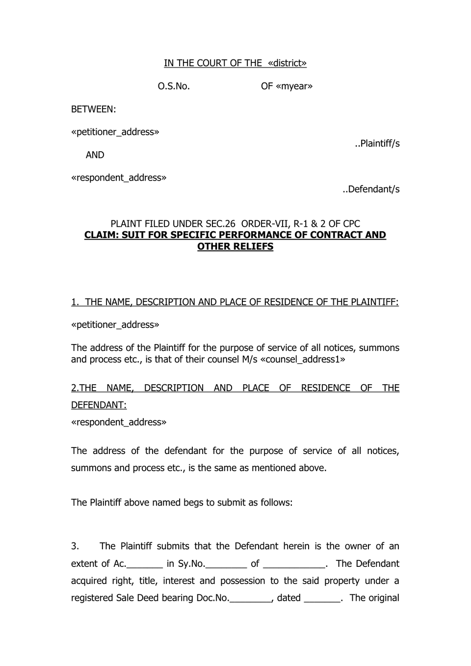 Suit For Specific Performance Of Contract And Other Reliefs Under Sec.26  Order-Vii, R-1 & 2 Of Cpc preview
