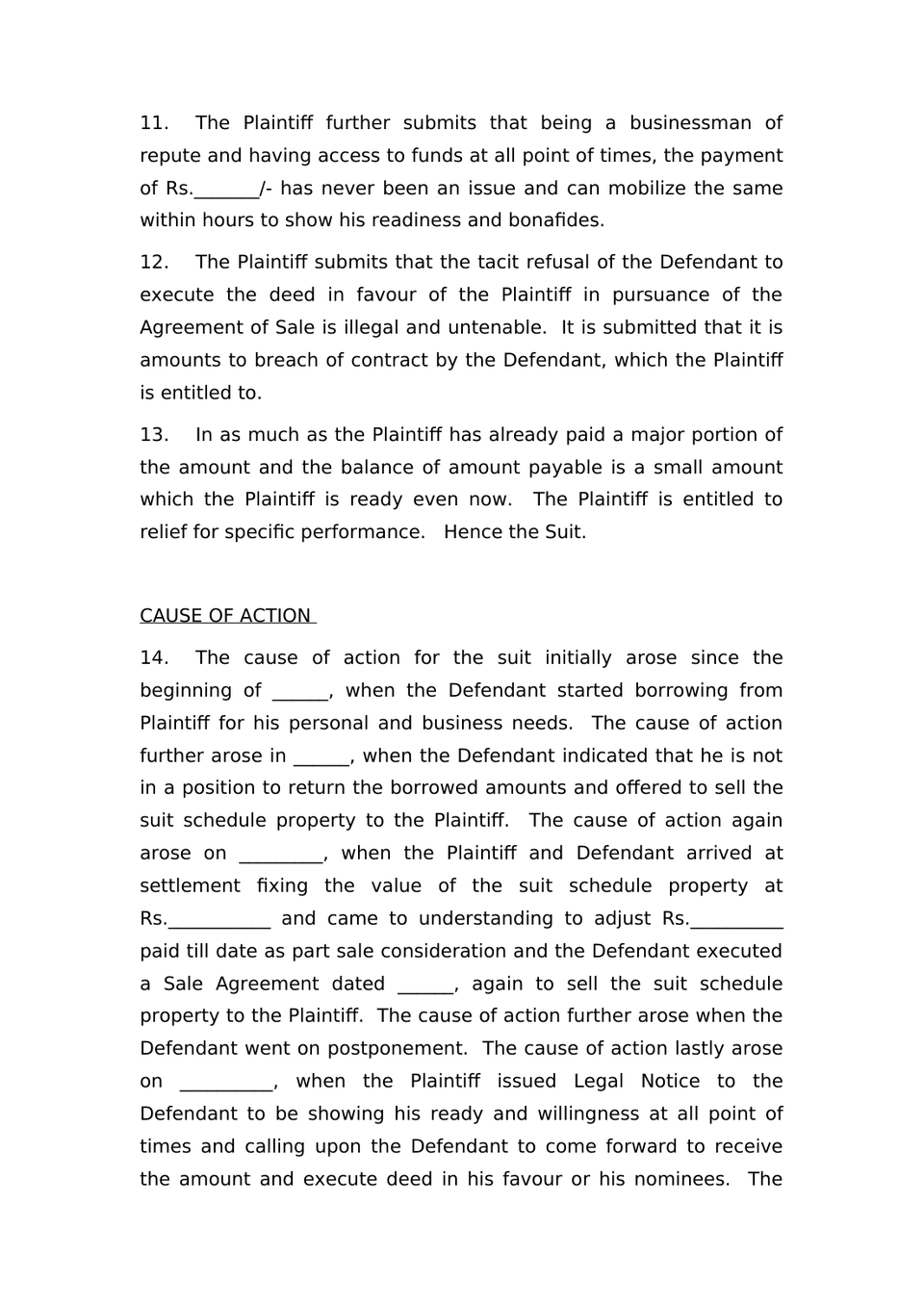 Suit For Specific Performance Of Contract And Other Reliefs Under Sec.26  Order-Vii, R-1 & 2 Of Cpc preview page 4