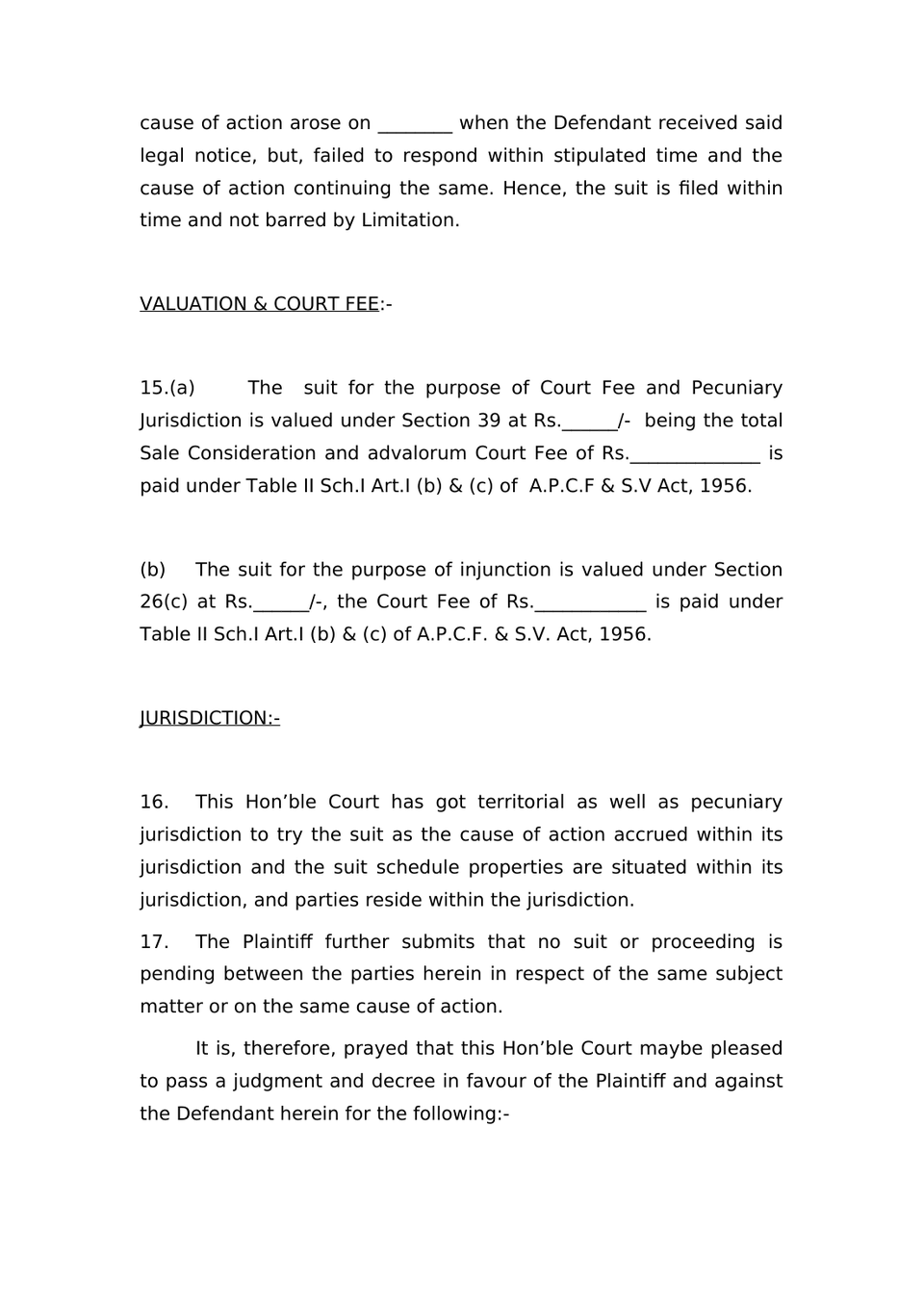 Suit For Specific Performance Of Contract And Other Reliefs Under Sec.26  Order-Vii, R-1 & 2 Of Cpc preview page 5