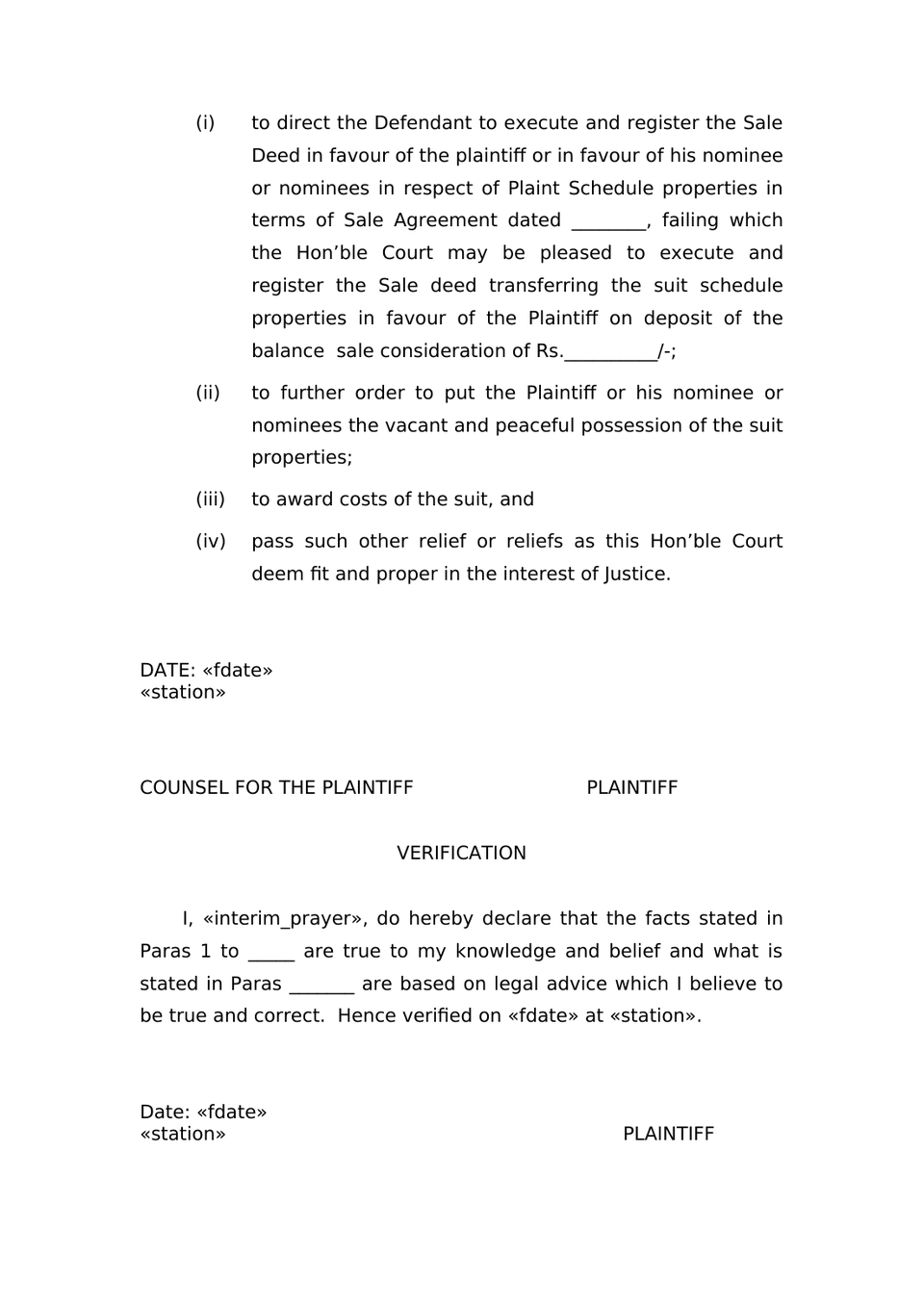 Suit For Specific Performance Of Contract And Other Reliefs Under Sec.26  Order-Vii, R-1 & 2 Of Cpc preview page 6