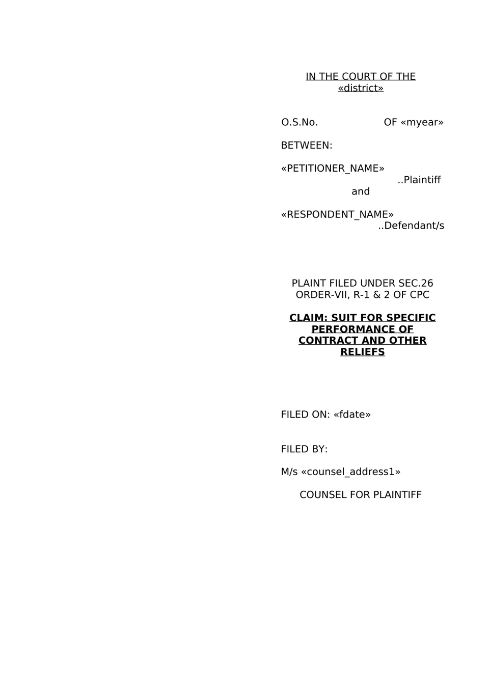 Suit For Specific Performance Of Contract And Other Reliefs Under Sec.26  Order-Vii, R-1 & 2 Of Cpc preview page 10