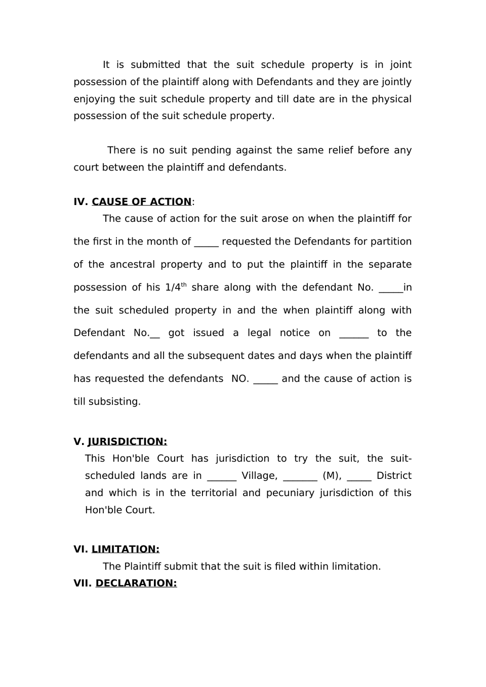 Suit For Partition And Separate Possession Of Jointancestral Property preview page 2