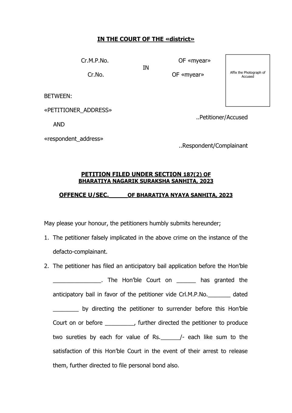 Surrender Petition Pursuant To Anticipatory Bail Order Under Section 187(2) Of Bharatiya Nagarik Suraksha Sanhita, 2023 preview