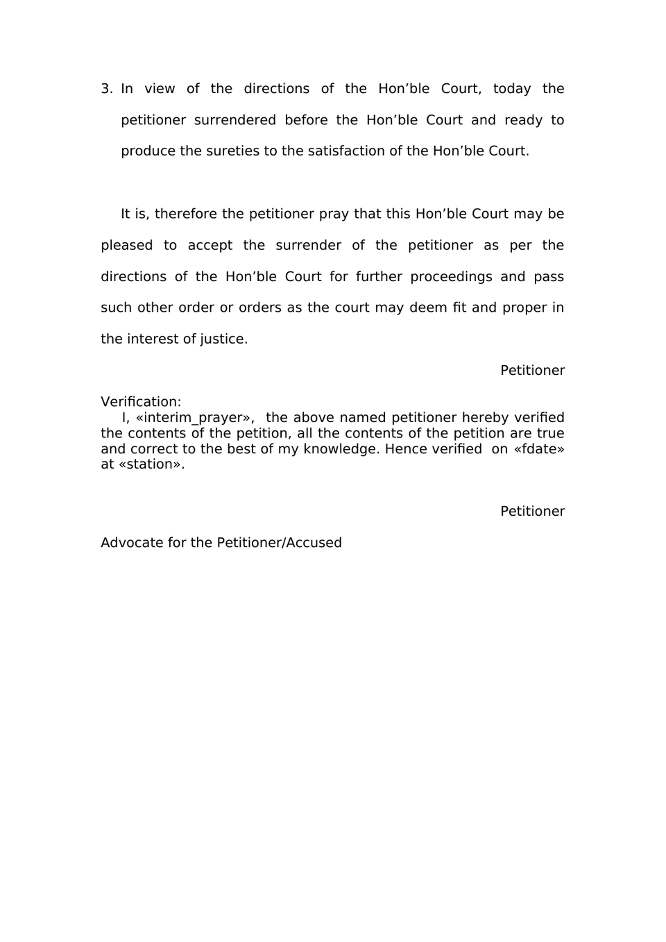 Surrender Petition Pursuant To Anticipatory Bail Order Under Section 187(2) Of Bharatiya Nagarik Suraksha Sanhita, 2023 preview page 2